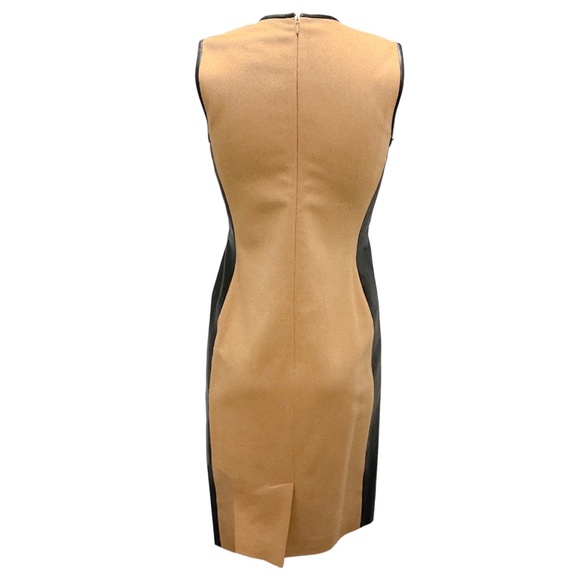 RALPH LAUREN BLACK LABEL TAN / BLACK LAMB LEATHER TRIMMED BABY CAMEL HAIR DRESS - Picture 3 of 4